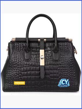 Genuine Leather Crocodile Embossed Handbag with Detachable Strap